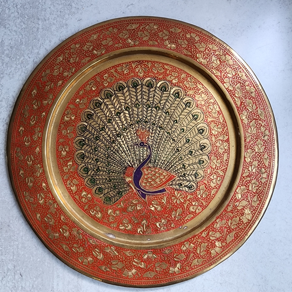 Peacock etched brass plate, wall hanging